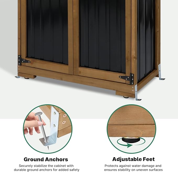 Ketive Outdoor Storage Cabinet, Tall Tool Garden Cabinet with Weather-Resistant Roof, Double Lockable Doors, 3 Removable Shelves & Adjustable Feet, for Patio, Garden, Backyard, 32" x 15.5" x 66"