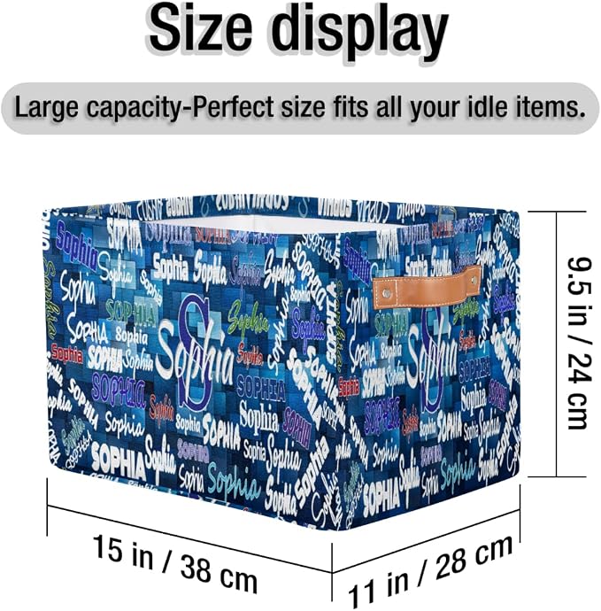 Custom Storage Baskets Name, Personalized Storage Bins Basket Boxes PU Leather Handles for Clothes Bedroom Closet Organizing Toys Books Shelves, Blue Geometric Pattern Background