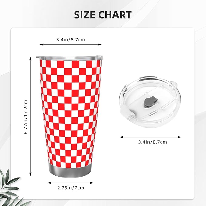 20 Oz Red White Checkered Tumbler for Hot & Cold Drinks, Insulated Coffee Travel Car Mugs, Stainless Steel Cup for Family Friends Birthday Present