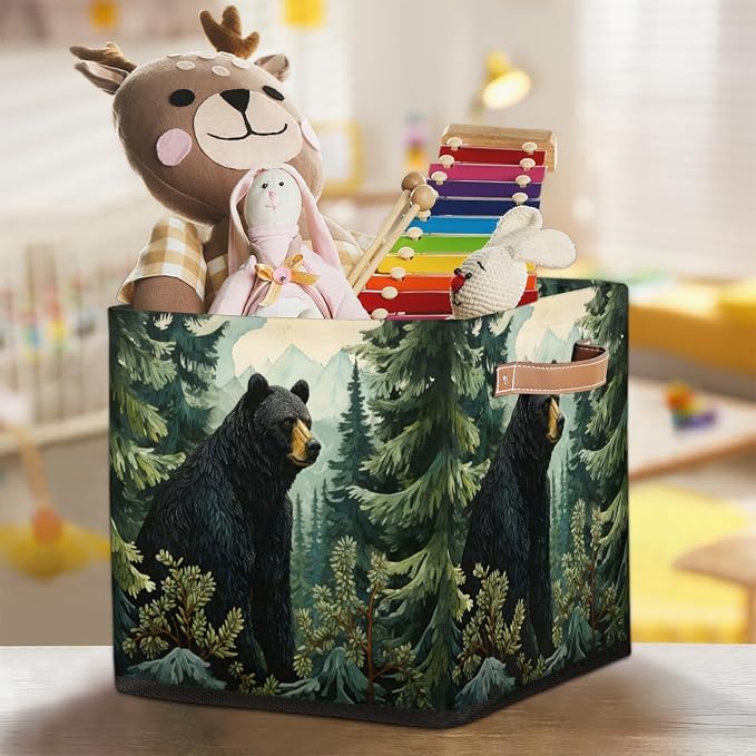 Black Bear Forest Wild Animals Cube Storage Bin, 13 Inch Collapsible Fabric Storage Cubes Bin, Foldable Cube Baskets for Shelf, Closet, Organizer