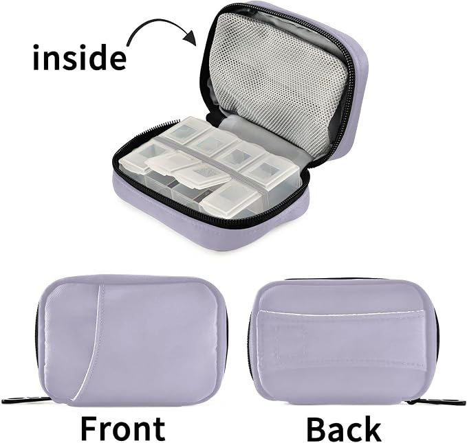 Pill Box 7 Day Case Travel Organizer Bag with Zipper Portable Weekly Compact Size for Vitamin Supplement Holder, Solid Color Lavender Purple, 4.6 x 3.14 1.88 Inch, 0.12 kilograms