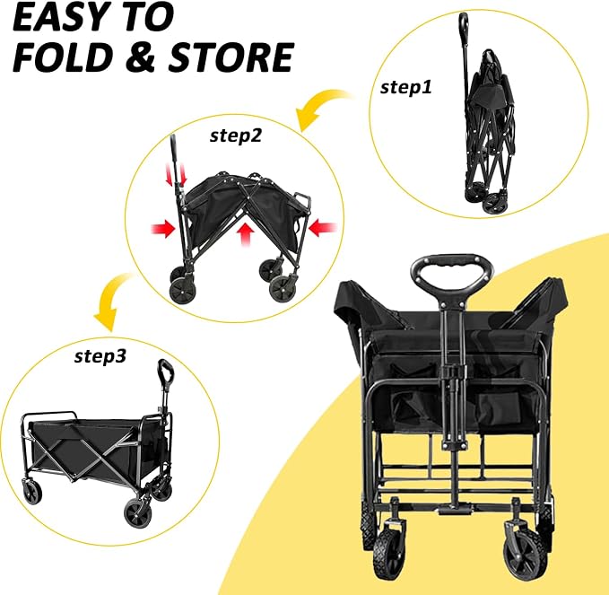 Foldable Wagon Cart, Collapsible Wagon Cart with Heavy Duty Wheels, 220Ibs Portable Folding Utility Wagon for Groceries, Beach, Camping, Outdoor Activities, Black