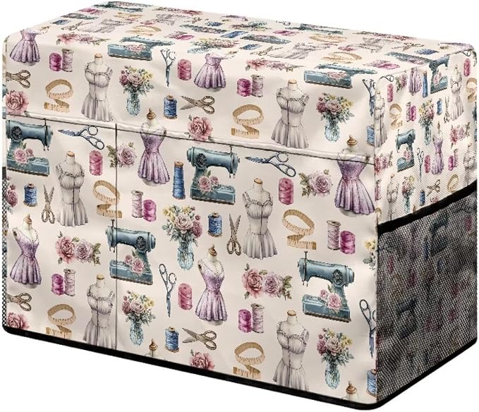 Sewing Print Design Sewing Machine Cover,Duty Protective Dust Cover with Storage Pockets for Most Standard Singer & Brother Sewing Machines and Accessories
