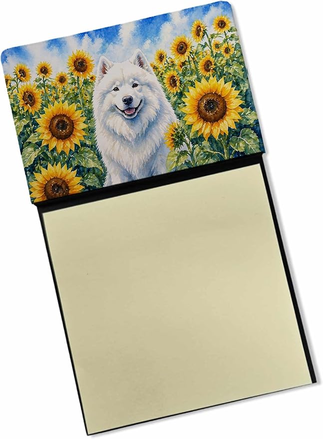 Caroline's Treasures Samoyed in Sunflowers Watercolor Sticky Note Holder Refillable Dispenser Desk Accessory 3x3 Pad Gift