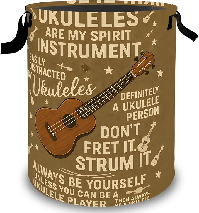 Rustic Music Ukulele Laundry Basket Hamper, Organizer Bins Gifts for Women Kids, Musical Quote Foldable Waterproof Clothes Hamper Handles Storage Bucket for Bedroom Bathroom Room Decor 19.7"x15.7"