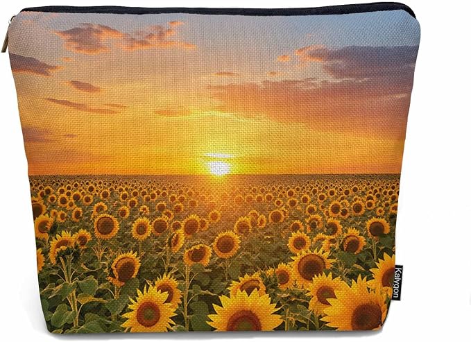 Sunflower Makeup Bags Makeup Organizer, Sunset Bloom Sunflowers Yellow Flax Toiletry Bags Travel Cosmetic Bag Makeup Purse Pouch Skincare Bag Wallet Bags For Women Female Mom Daughter
