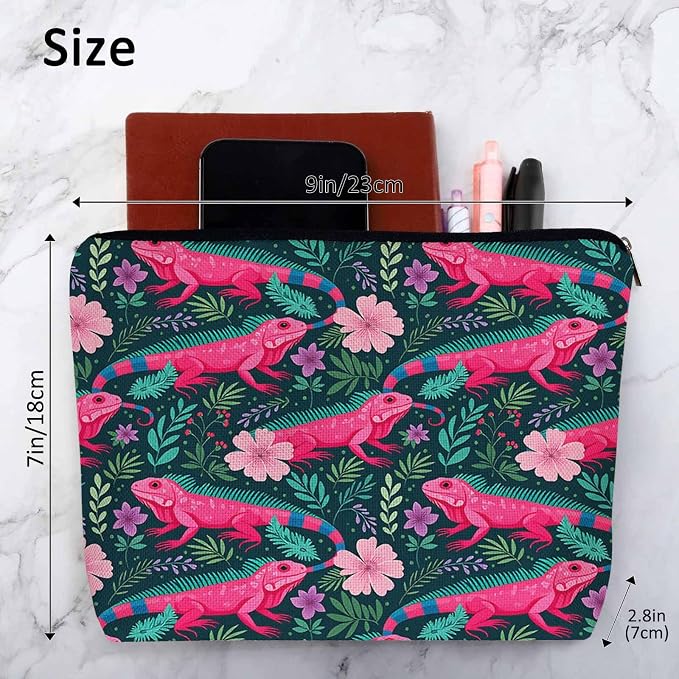 Lizard Cosmetic Travel Bag For Toiletries, Tropical Animal Floral Lizard Makeup Bag Toiletry Bags For Women, Flax Cosmetic Bags Make Up Bag Purse Toiletries Bag Birthday Gift