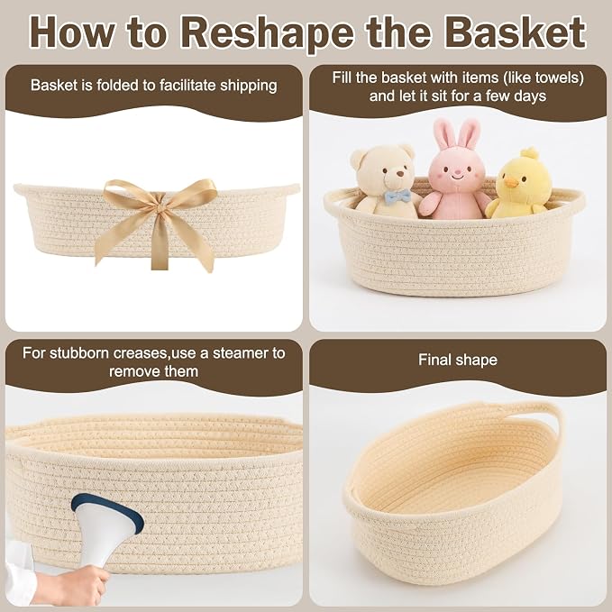 Basket for Gifts Empty, Small Woven Basket with Bags and Ribbons, Baby Toy Baskets with Handles, Wicker Storage Bin for Baby Showers or Pet Toy (Creamy White, 1 Pack (12"x 8"x 3.74"))