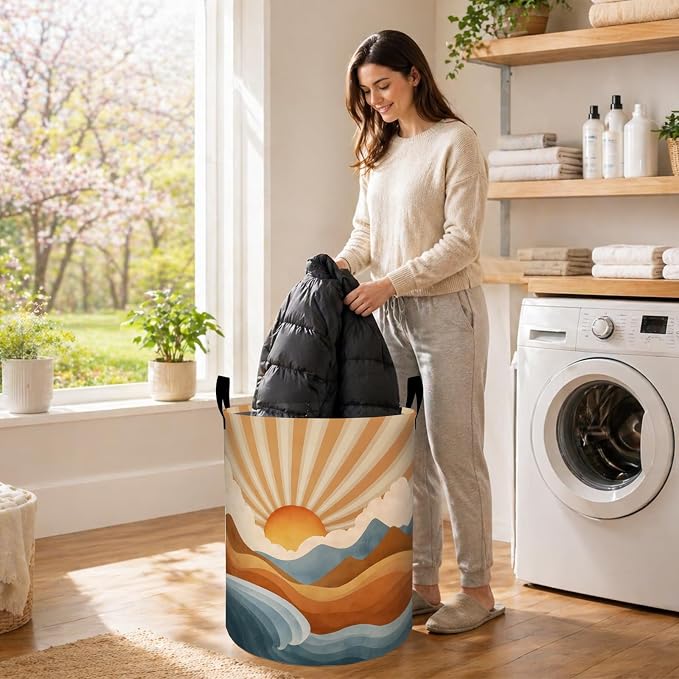 Retro Sunrise Laundry Basket, Vintage Mountain Wave Oxford Cloth Dirty Clothes Collapsible Hamper for Room Decor, Nature Gifts, Toy Organizer 19.7 x 15.7 Inches for Bedroom Bathroom Dorm