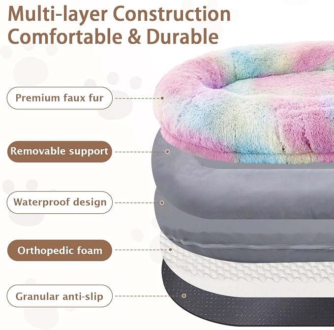 ROOMTEC Human Dog Bed, 78''x51''x12'' Size Fits Adult and Pet Washable Giant People Bed 10 CM Thick Memory Foam Large Oversize Pet Bed with Plump Pillow, Blanket, Strap - Rainbow