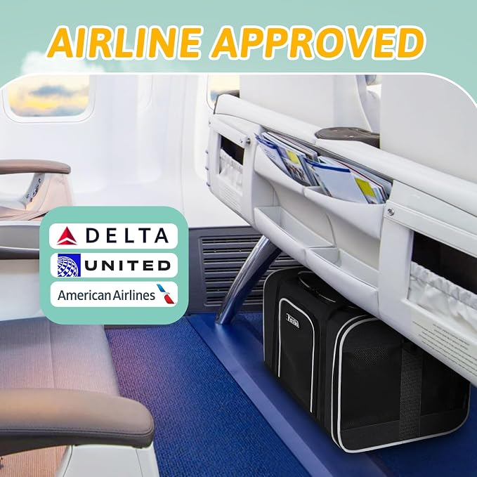 Small Pet Carrier 18" L x 11" W x 11" H Airline Approved, Black | for Delta/American/United Airlines, Lockable Safety Zippers and Anti-Scratch Mesh, Pets Under 10 lbs