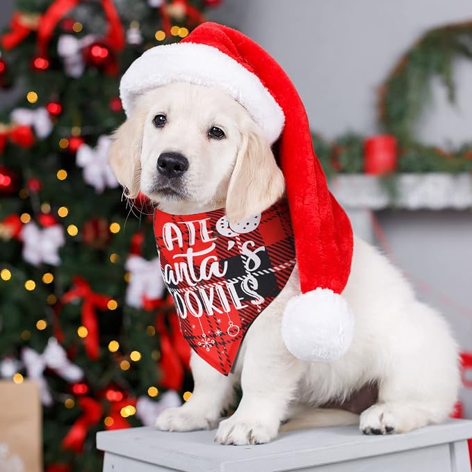 8 Pcs Christmas Dog Bandanas Buffalo Plaid Pet Scarf Bibs,Medium | Adjustable Triangle Bibs with Holiday Sayings, Reversible Red Black Green Plaid, Festive Costume Accessory for Pet Photos