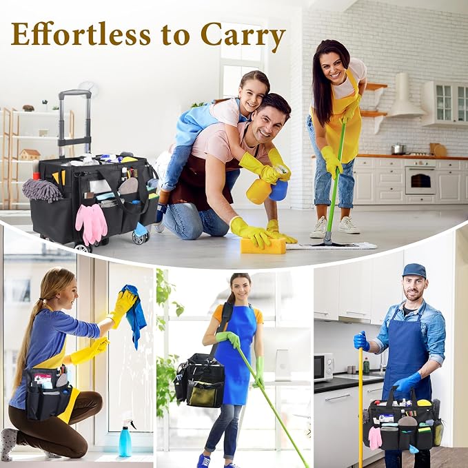 Rolling Cleaning Caddy Bag with Detachable Trolley, Multi-Functional Portable Cleaning Cart Supplies Organizer for Housekeeping and Domestic Cleaning, Cleaning Caddy with Wheels, Black