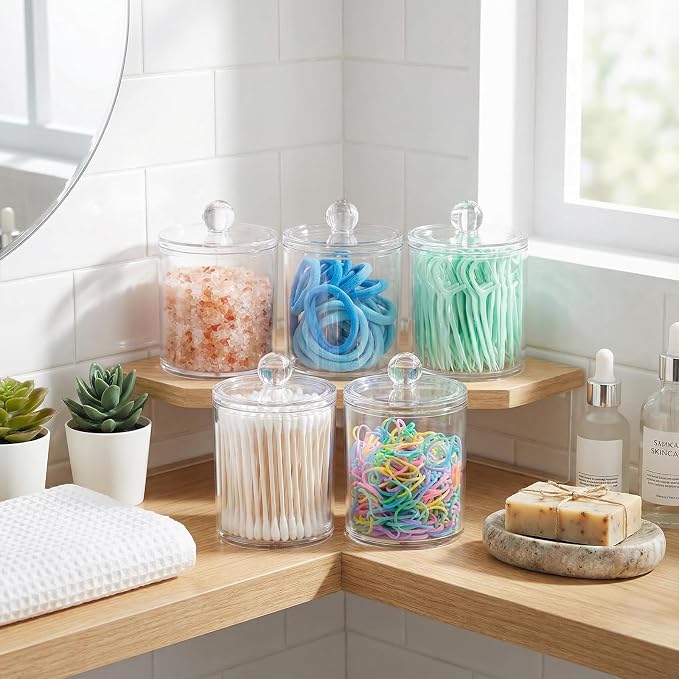 SheeChung 8 Pack Acrylic Qtip Holder with Labels, Qtip Jars for Bathroom | (4) 12oz & (4) 10oz Clear Qtip Holder Set,Shatterproof Bathroom Vanity Organizer for Cotton Swabs,Balls,Pads,Minimalist Decor