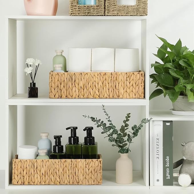 Woven Water Hyacinth Storage Baskets, 2-Pack, Natural | Built-in Handles, Nesting Design, Metal Frame Support, Small & Large Sizes, Bathroom Organizer