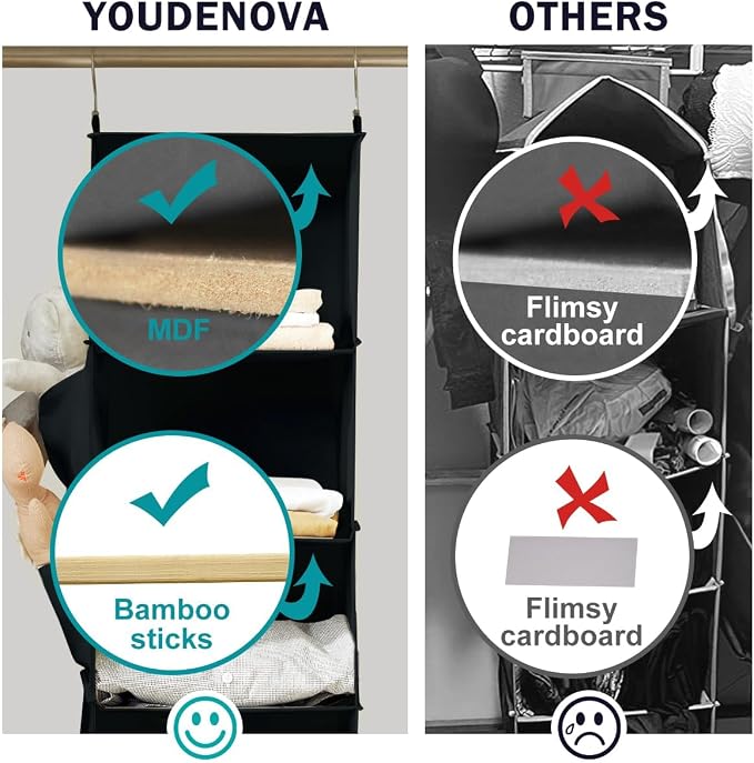 YOUDENOVA Hanging Closet Organizer and Storage for Clothes, 5-Shelf, Black | Locker/RV/Camper Organizer, 2 Side Pockets, Hanging Shelves for Small Closet, Dorm Room Essentials for Guys, Non-woven Fabric