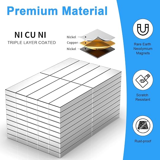 100 Pack 20x5x2 mm Rare Earth Neodymium Magnets | Powerful Small Strong Metal Rectangular Bar Magnetic Strip Magnet for Fridge Garage Kitchen Science Craft Office, Silver