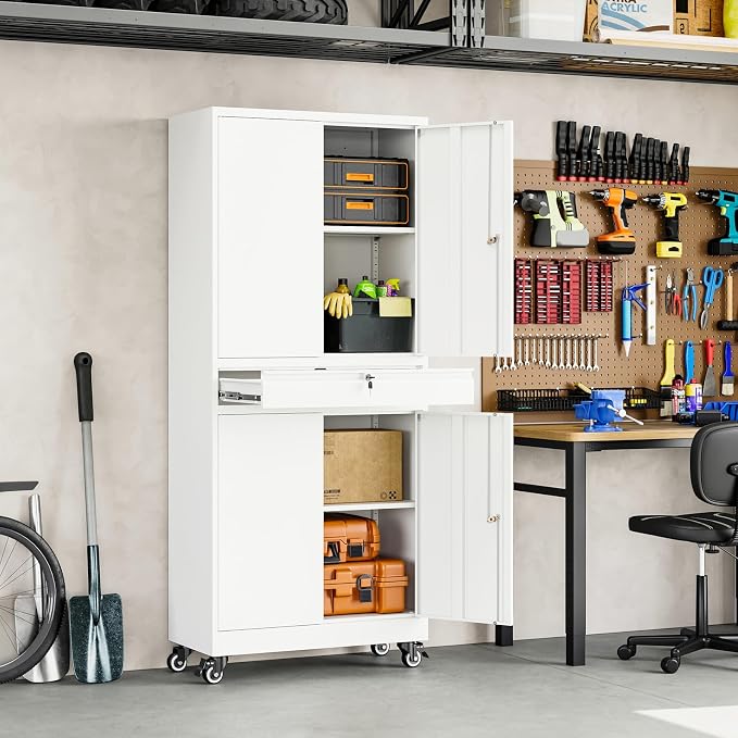 Metal Garage Storage Cabinet with Locking Doors and Adjustable Shelves, 73" Rolling Tool Storage Cabinet with 4 Wheels and 1 Drawer for Garage,Warehouse