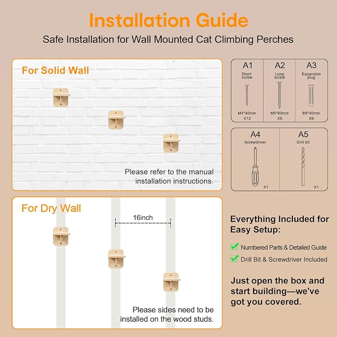 3-in-1 Wall-Mounted Cat Furniture, Solid Wood Cat Tree, Wall-Mounted Perch for Indoor Cats to Play, Rest, and Climb