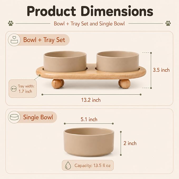 Havniva Raised Cat Bowl 5.1” Elevated Ceramic Cat Food and Water Bowl Set | Cat Bowls Elevated, Whisker Friendly Cat Bowl, Non-Slip Wood Stand, Food-Grade Ceramic, Wide Opening, Dishwasher Safe