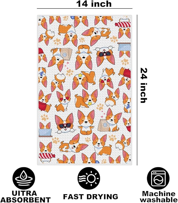 Hanamiya Na Cute Corgi Kitchen Towels 24x14 Inch, Corgis Decorative Reusable Dish Towels for Kitchen Bathroom Decor, Waffle Weave Hand Cloth Tea Towel, Corgi Gifts Gifts for Women Friend