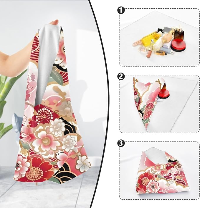 JIPONI Jap Pink Flower Makeup Bag, Self-Adhesive Magic Wrap Cloth, Portable Cosmetic Organizer, Camera Lens Protector, Travel Storage for Beauty Essentials, 21.7"x21.7"