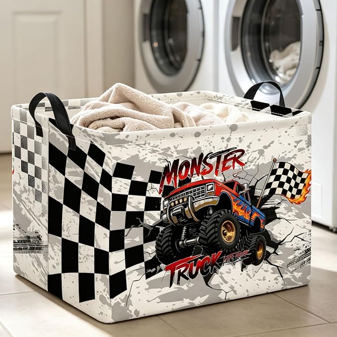 Rectangle Storage Basket with Handles,Collapsible Storage Bin,Books Box,Gift Basket(Black Race Car)