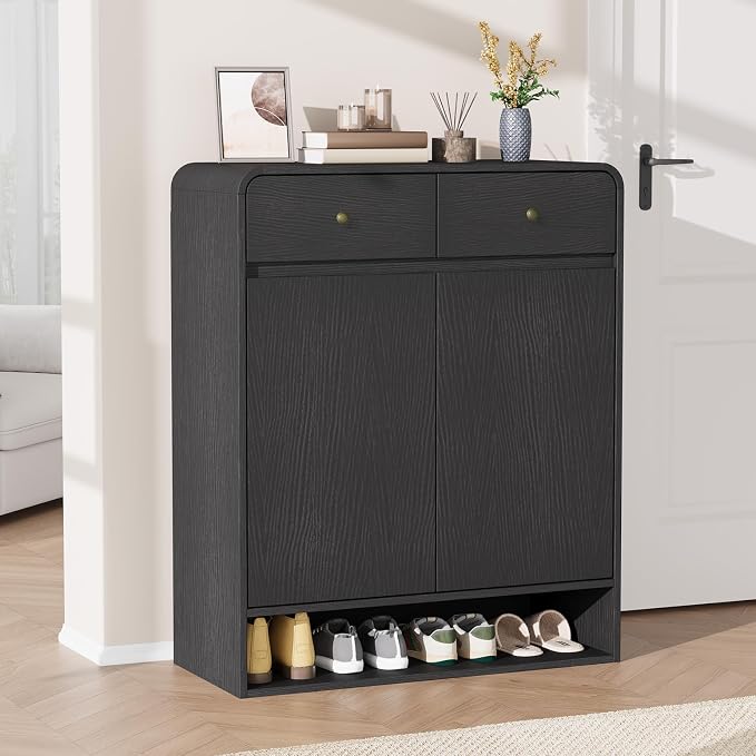Garvee Shoe Cabinet with 2 Doors and 2 Drawers, Freestanding Wood Shoe Storage Organizer with Open Bottom Shelf, Modern Entryway Shoe Cabinet for Hallway, Foyer, Black