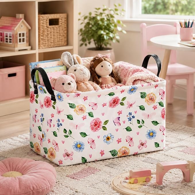 Pink Floral Storage Basket for Girls Room, Foldable Toy Organizer Bin | Pink Floral & Bow Design with Cotton Linen Fabric, Waterproof Lining, Leather Handles and Foldable Style for Girls’ Storage