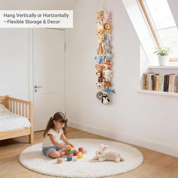 Mkono 2 Pack Hanging Stuffed Animal Storage Hanger Nursery Wall Decor Boho Wood Beads Plushies Holder Display with 40 Clips Hanging Baby Hat Socks Photo Artwork for Kids Room Playroom Bedroom, 76”