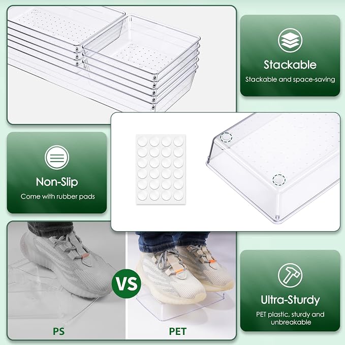 Drawer Organizer Set, Acrylic Non Slip Non Cracking Kitchen Drawer Storage Tray Large Size Divider, Multifunctional Storage for Cosmetics, Bathroom, Tools, Kitchen and Office (8 PACK)
