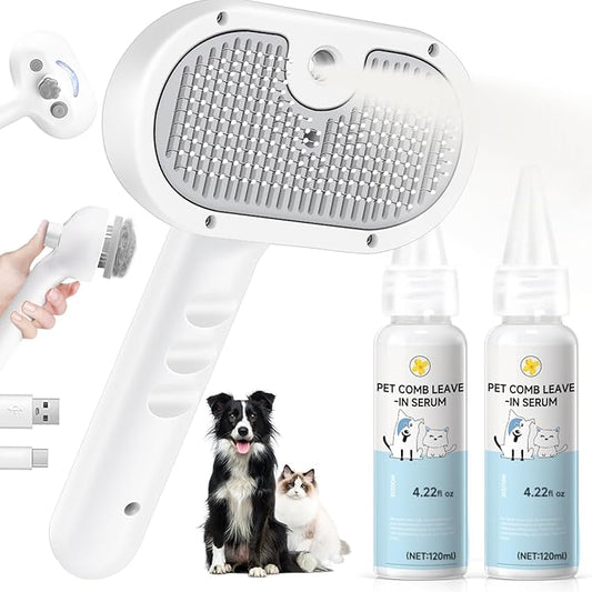 Pet Steam Brush Dog Cat 2026 New Grooming Comb for Shedding, Floating Hair, Smooth & Detangling, Gentle Cool Mist Softens Hair Reduces Static Helps Pets Who Dislike Bathing,2*Waterless Shampoo