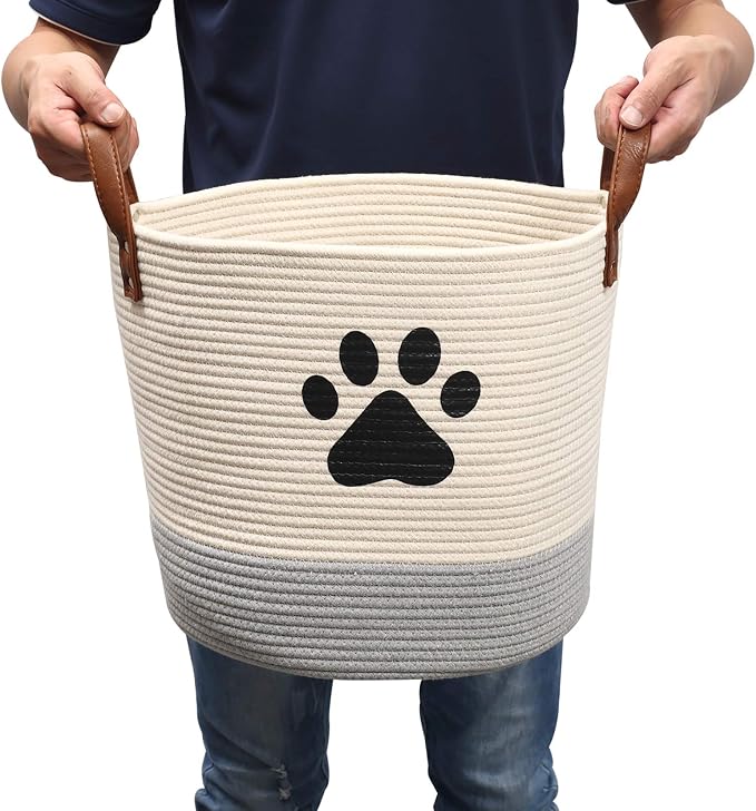 Cotton dog toy basket storage, puppy toy basket, puppy bins, laundry basket blanket storage bin - Perfect for organizing pet toys, blankets, leashes, pee mats and diapers -beige gray