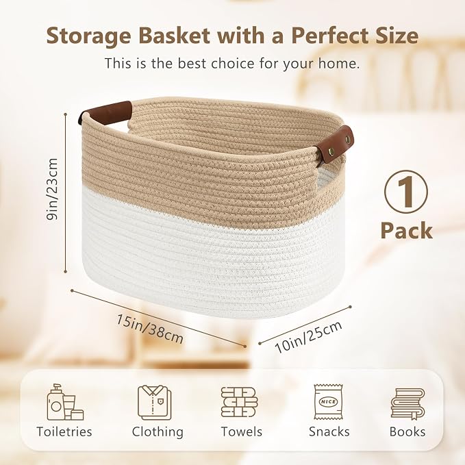 ECDYQXVU 15x10x9 Woven Cotton Rope Storage Basket, Leather Handles 1 Pack | Foldable Design, Sturdy PU Handles, Easy to Clean Organizer for Living Room, Closet, Shelves, Bedroom, Laundry, Clothes