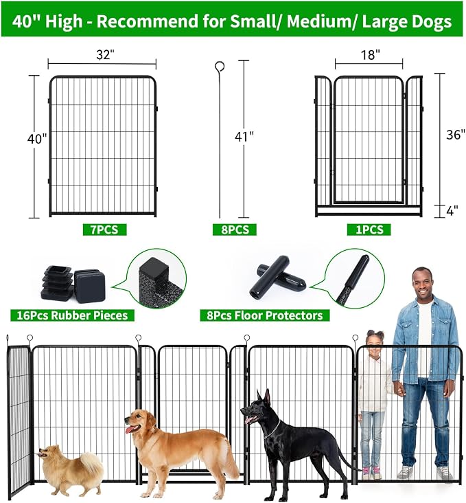 Kfvigoho Dog Playpen Outdoor Extra Wide 8 Panels Heavy Duty Dog Fence 40" | Anti-Rust Coating-Strengthened Dog Fence with Doors Portable for RV Camping Yard, Total 21FT, 35 Sq.ft, Snowy Black