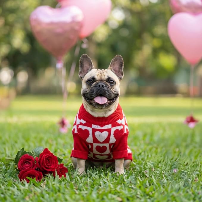 Fitwarm Checkered Heart Dog Sweater, Cozy Valentines Outfit for Small Dogs Girl, Festive Pet Clothes, Red, White, XS