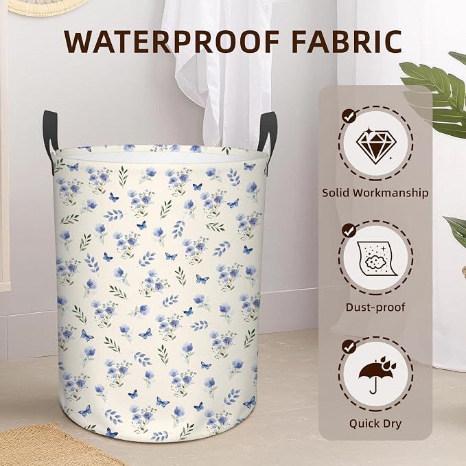 Flower Laundry Hamper, Waterproof Collapsible Laundry Basket for Bedroom, 43L Round Nursery Hamper Storage Bin with Handles for Toys, Storage Basket for Women Girls, Room Decor, 13.8x17.7 in