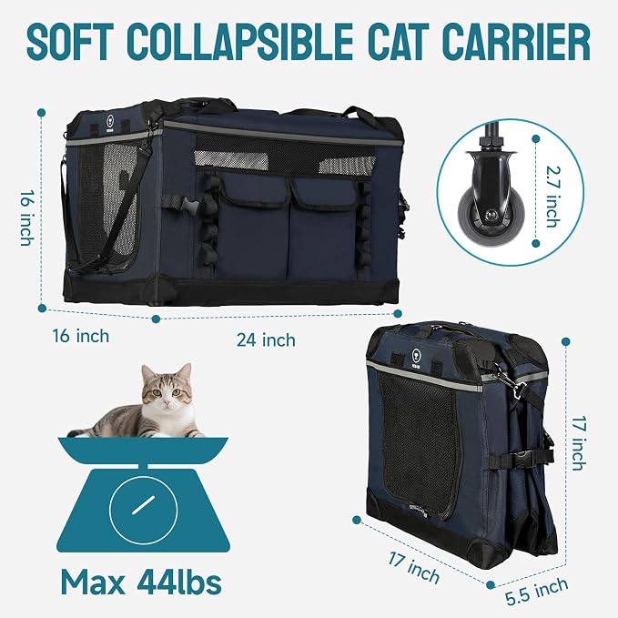 PEGIC 24-inch Rolling Extra Large Cat Carrier with Wheels | Spacious Travel Solution for Large Cats & Two Kittens, Reinforced Non-Sagging Base, For Car Rides & Vet Visits