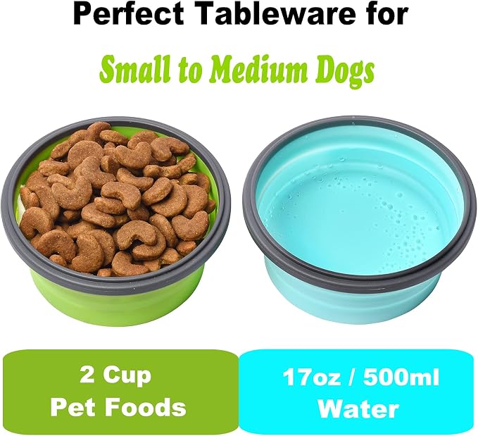 2 Pack Collapsible Silicone Travel Dog Bowls with Lids - Portable Pet Feeders, 17 oz 500ml