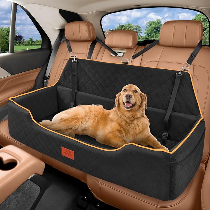 XIEEAOZEE Large Dog Car Seat for Dods Under 100 lbs, Memory Foam Dog Car Bed for Backseat & Trunk, Detachable and Washable Cover, Pet Travel Seat with Storage Pockets, 2 Safety Belts