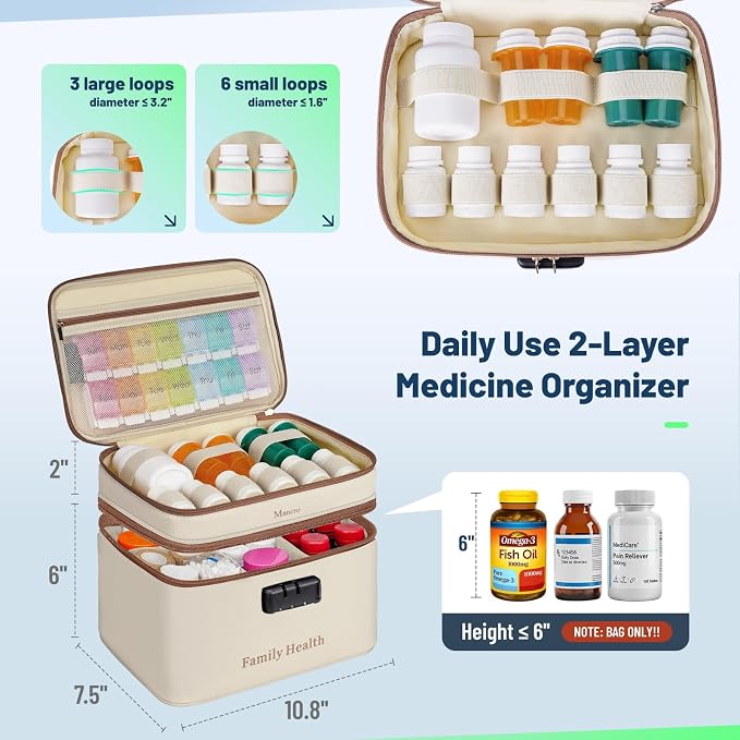 Mancro Lockable Medicine Bag, 2-Layer Pill Bottle Organizer Storage | Adjustable Dividers, Medication Travel Case for Pill, Vitamins & Supplements, Medicine Organizer for Dorm, Home Use and Trips