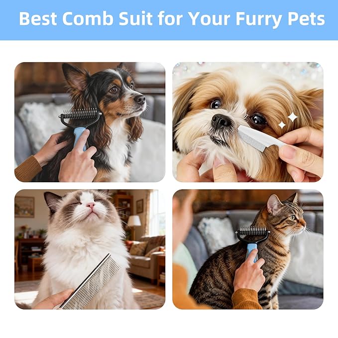 3Pcs Pet Grooming Comb Kit, Blue Deshedding Brush & Metal Comb & Tick Removal Comb for Dogs, Cats and Horses, Pet Flea Comb for Detangling and Dematting Long, Matted Fur on Goldendoodles Poodles