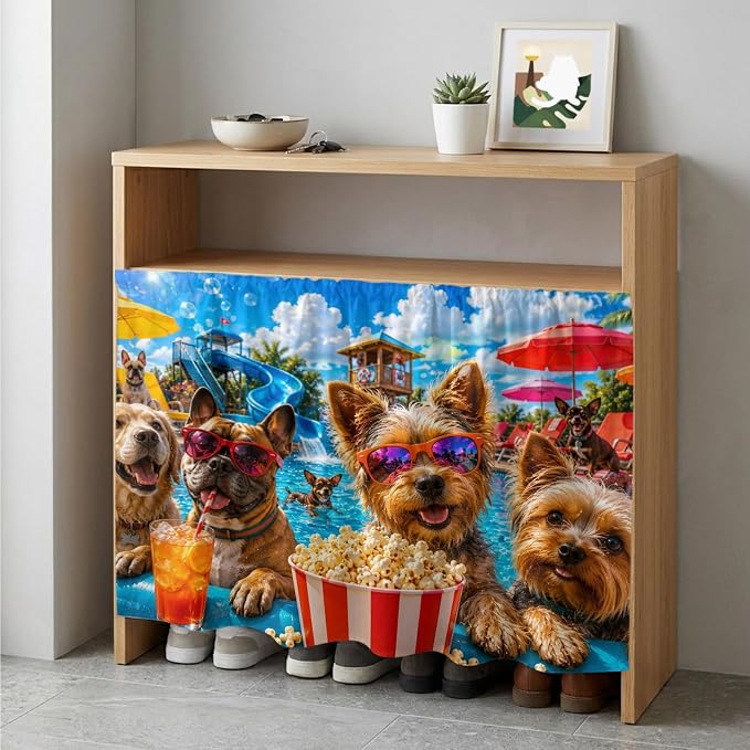 Summer Dog Cabinet Dishwasher Hidden Curtains, Privacy Closet Door Curtain, Summer Fantasy Pets Juice Popcorn Pool Country Adhesive Dust Proof Under Sink Skirt for Bathroom Kitchen 35"x35"