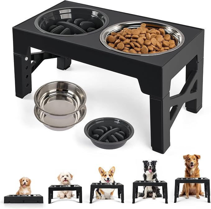 PAWISE Elevated Dog Bowls, Raised Dog Bowl with Slow Feeder Bowl & Stainless Steel Bowls, 5 Heights Adjustable Dog Feeding Bowl Stand for Small Medium Large Dogs, Food Dishes with Non-Slip Feet