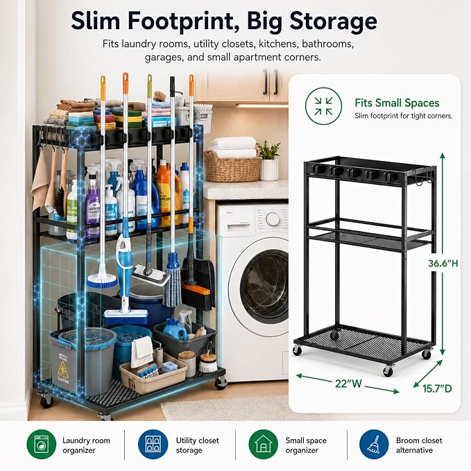 Cleaning Supplies Organizer Cart with Wheels, Broom and Mop Holder with 5 Grippers, 6 Hooks, 3 Shelves, Rolling Broom Closet Storage Rack for Laundry Room, Kitchen, Bathroom, Garage, Poolside