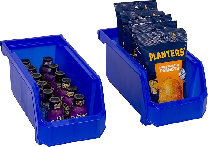 Medium Stackable Plastic Storage Bins, 8-Pack, Blue | Open-Front Stackable Bins For Garage, Pantry, Closet & Office, 11"L X 5,5"W X 5"H, Nests When Empty, Durable Plastic,