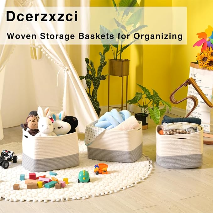 Grey Storage Baskets for Organizing Shelves, Woven Cotton Rope Baskets for Storage, Dog Toy Basket Storage Kids, Gray Shelf Basket, 14.8"×11"×9.5", Pack of 3, Off White & Grey