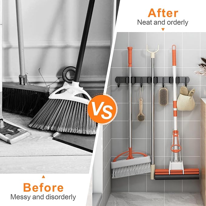 CUXIXA Mop and Broom Holder Wall Mount, Upgraded Broom Organizer Wall Mount, Stainless Steel Broom Hanger Wall Mount for Home Kitchen Garden Laundry Garage (5 Racks with 4 Hooks Black)