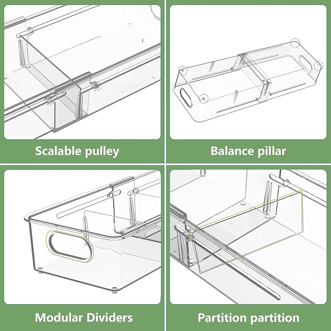 BLULEE 4-in-1 Expandable Drawer Organizer Set, Adjustable Clear Bins | with Dividers for Kitchen, Bathroom, Vanity & Office, Scalable Trays for Cosmetics, Utensils & Desk Accessories (16 Pcs)