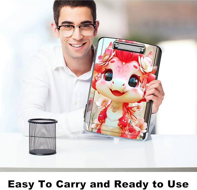 A4 Clipboard with Storage Pen Holder, Clipboards Organizer Nursing Clipboard Foldable File Folder Plastic Clipboard Folio Clip Board for Office Work Classroom Doctor, Pink Dragon